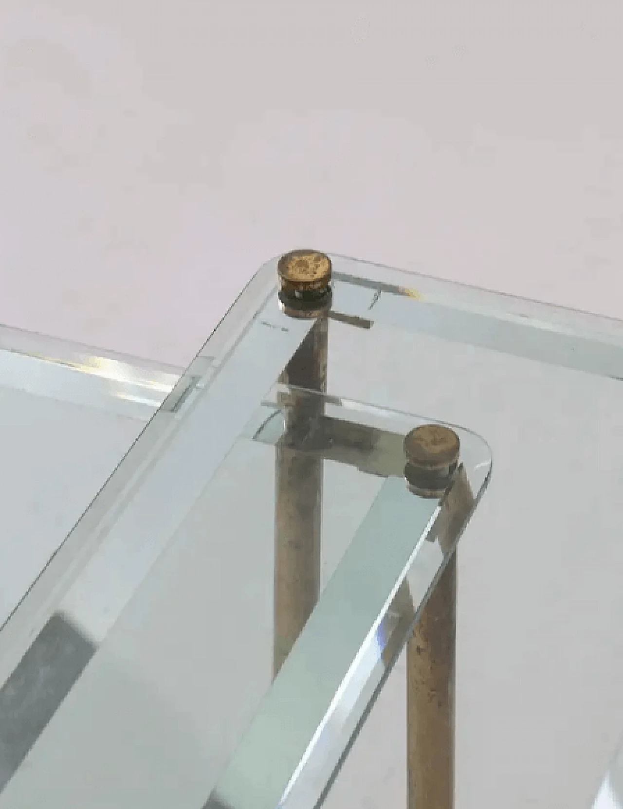 Triptych of small tables in thick glass and brass, 1960s 8