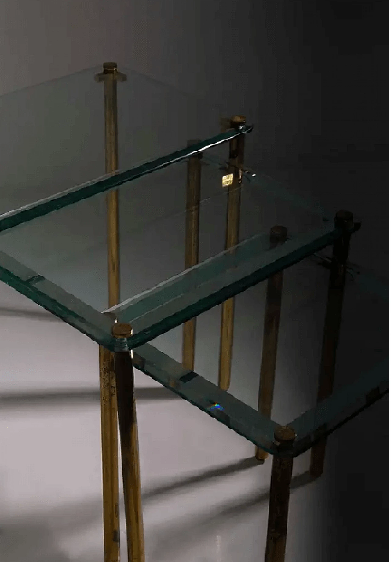 Triptych of small tables in thick glass and brass, 1960s 10