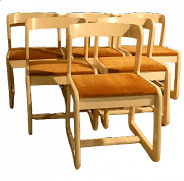 6 Chairs in white wood and mustard velvet by Mario Sabot, 1970s