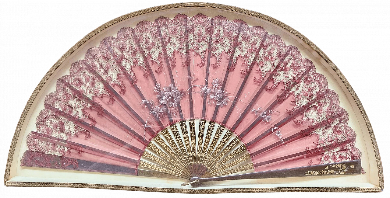 Painted silk fan in frame, 19th century 4