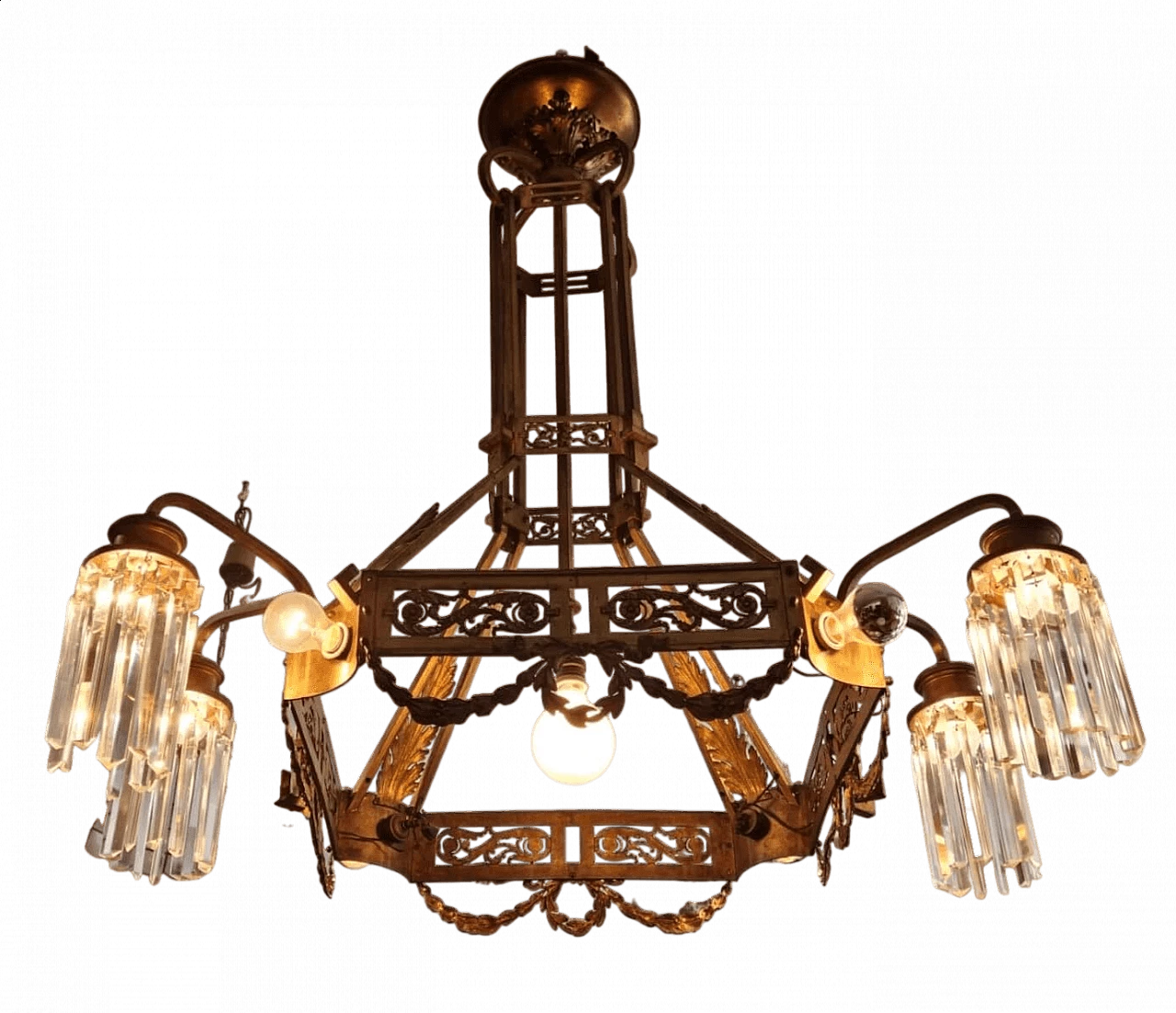 Art Nouveau gilded brass chandelier with pendants, 1920s 18