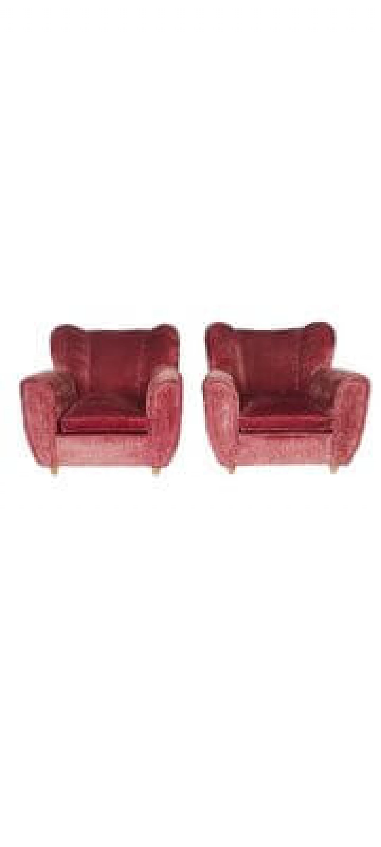 Pair of wood and red velvet armchairs, 1950s 1