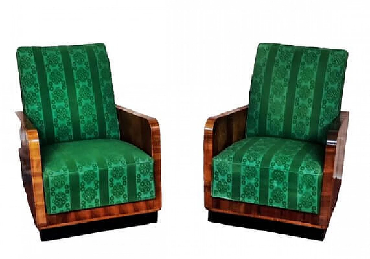 Pair of Art Deco wood and green fabric armchairs, 1920s 1