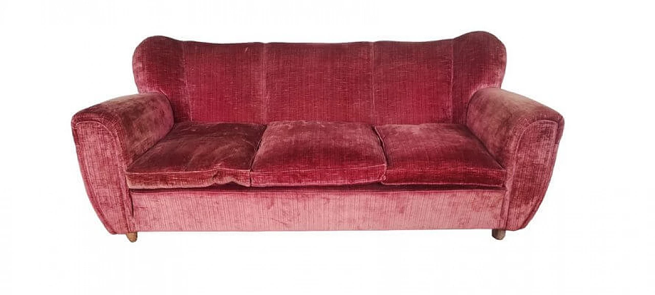 Wood and red velvet sofa, 1950s 1