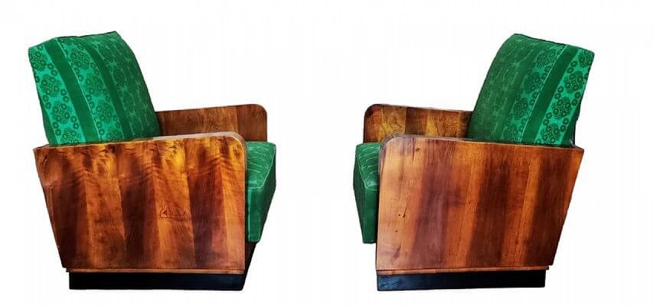 Pair of Art Deco wood and green fabric armchairs, 1920s 2