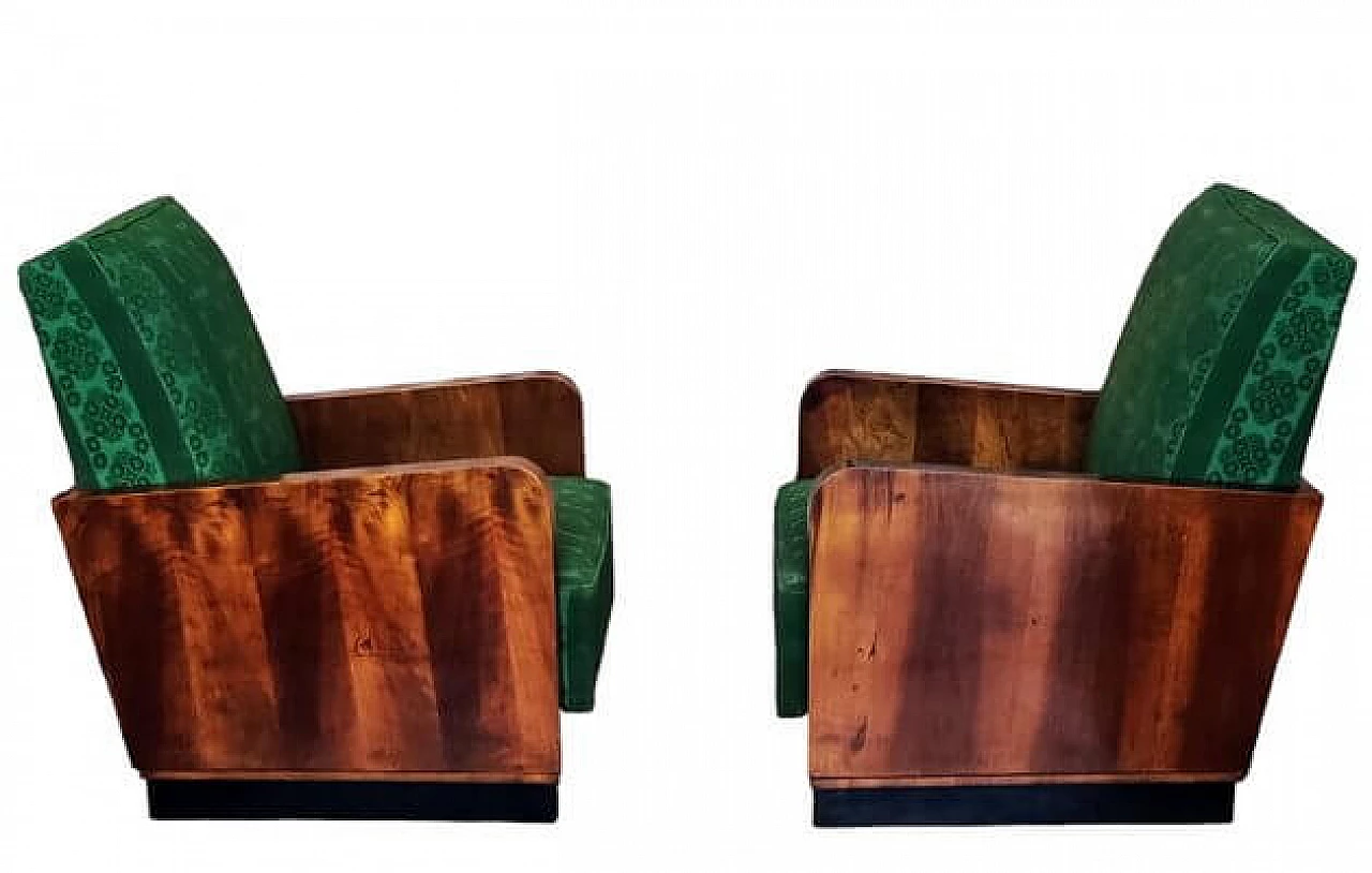 Pair of Art Deco wood and green fabric armchairs, 1920s 3