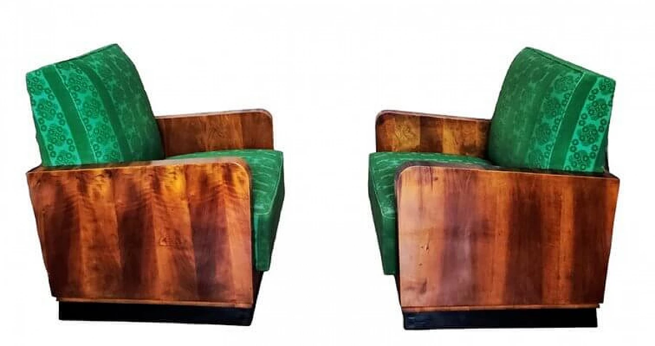 Pair of Art Deco wood and green fabric armchairs, 1920s 4