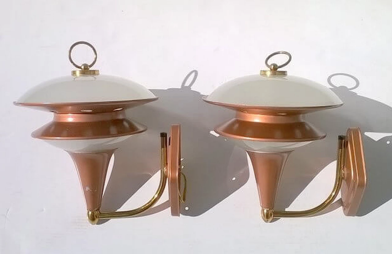 Pair of two frosted glass disc wall lights with metal frame, 1960s 1