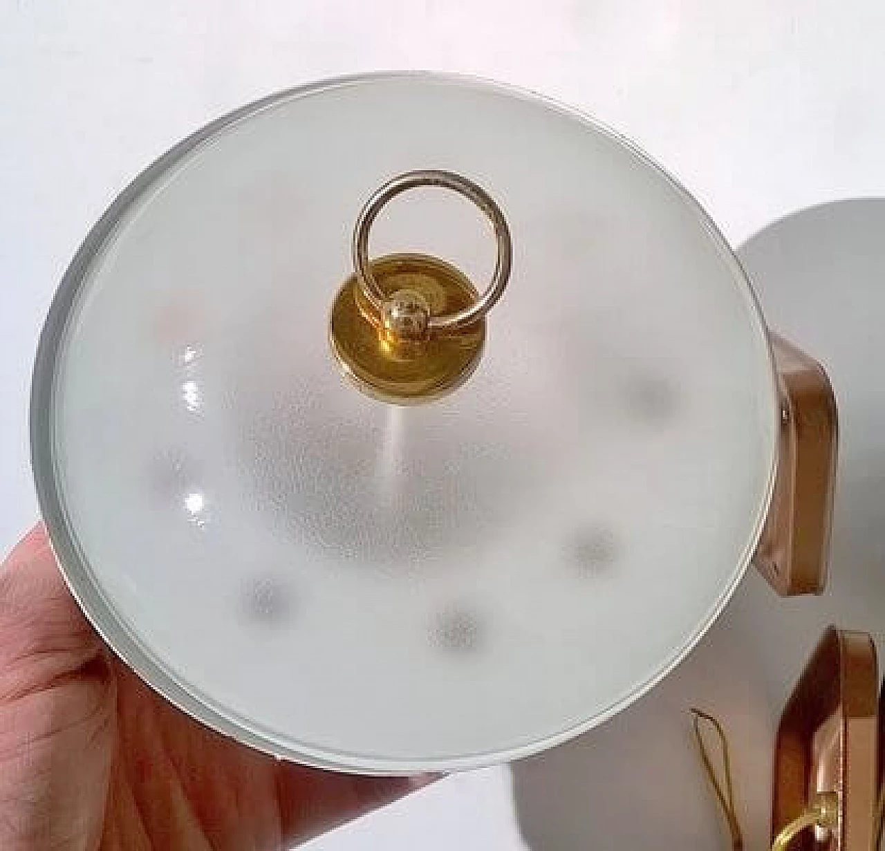 Pair of two frosted glass disc wall lights with metal frame, 1960s 4