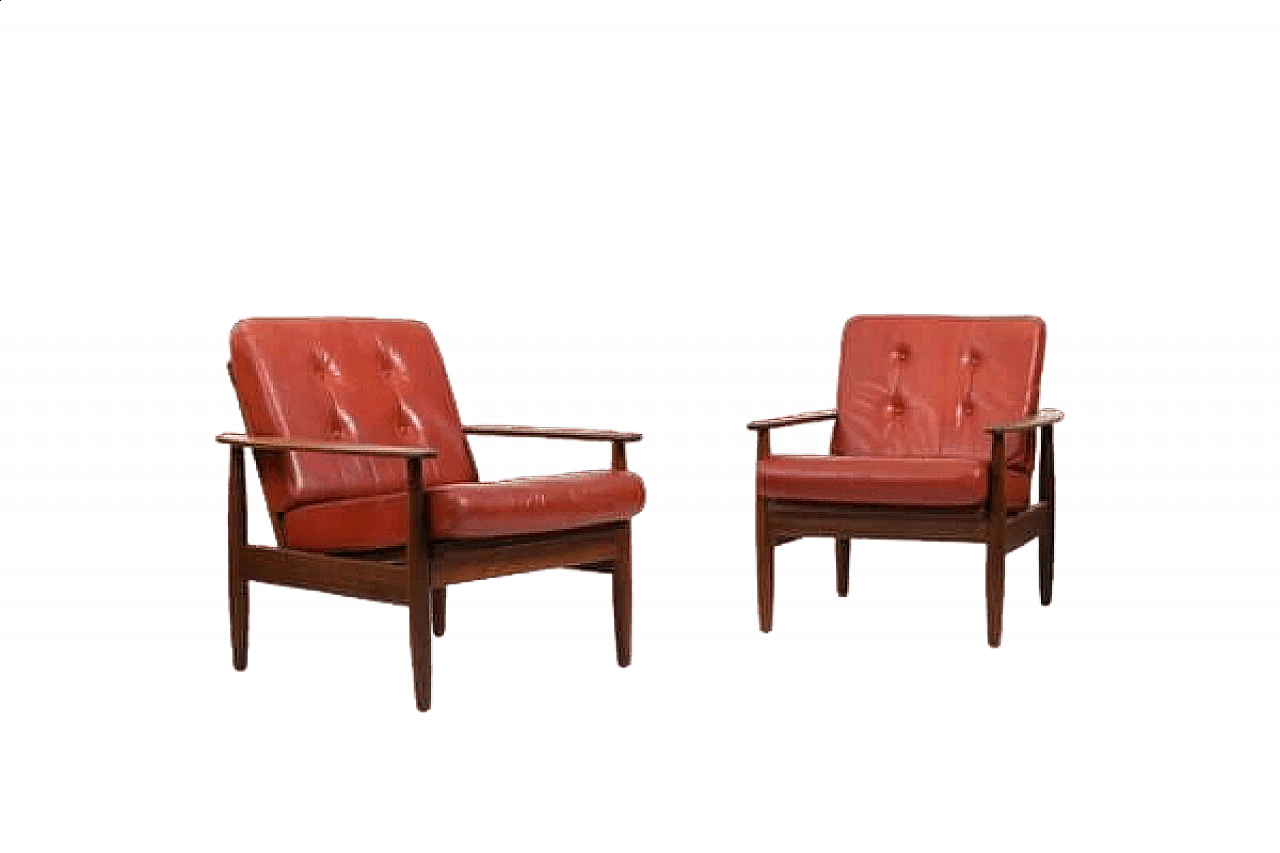 Pair of teak armchairs with leather seats, 1960s 13