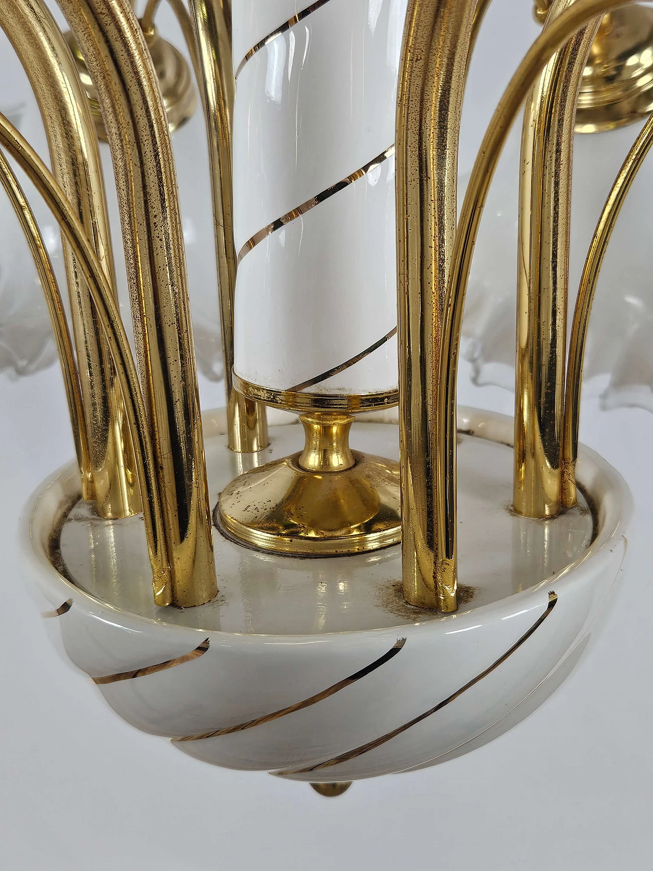 Ceramic, brass and Murano glass chandelier, 1970s 15