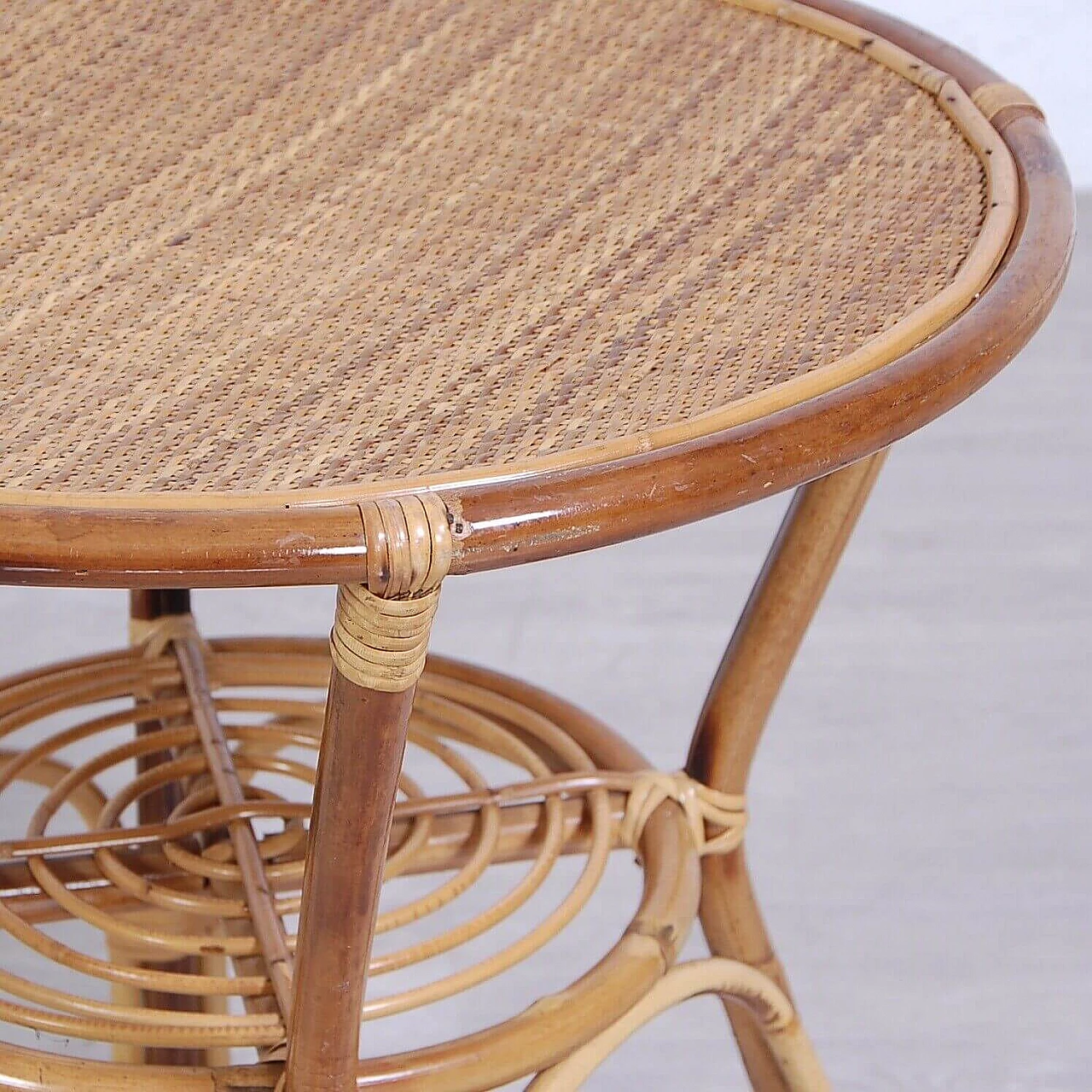 Pair of armchairs and small round table in bamboo and rattan, 1960s 12