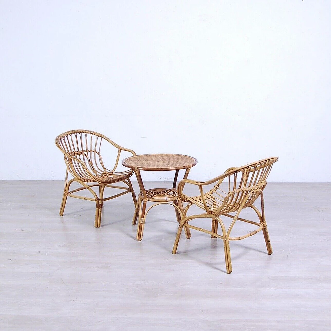 Pair of armchairs and small round table in bamboo and rattan, 1960s 13