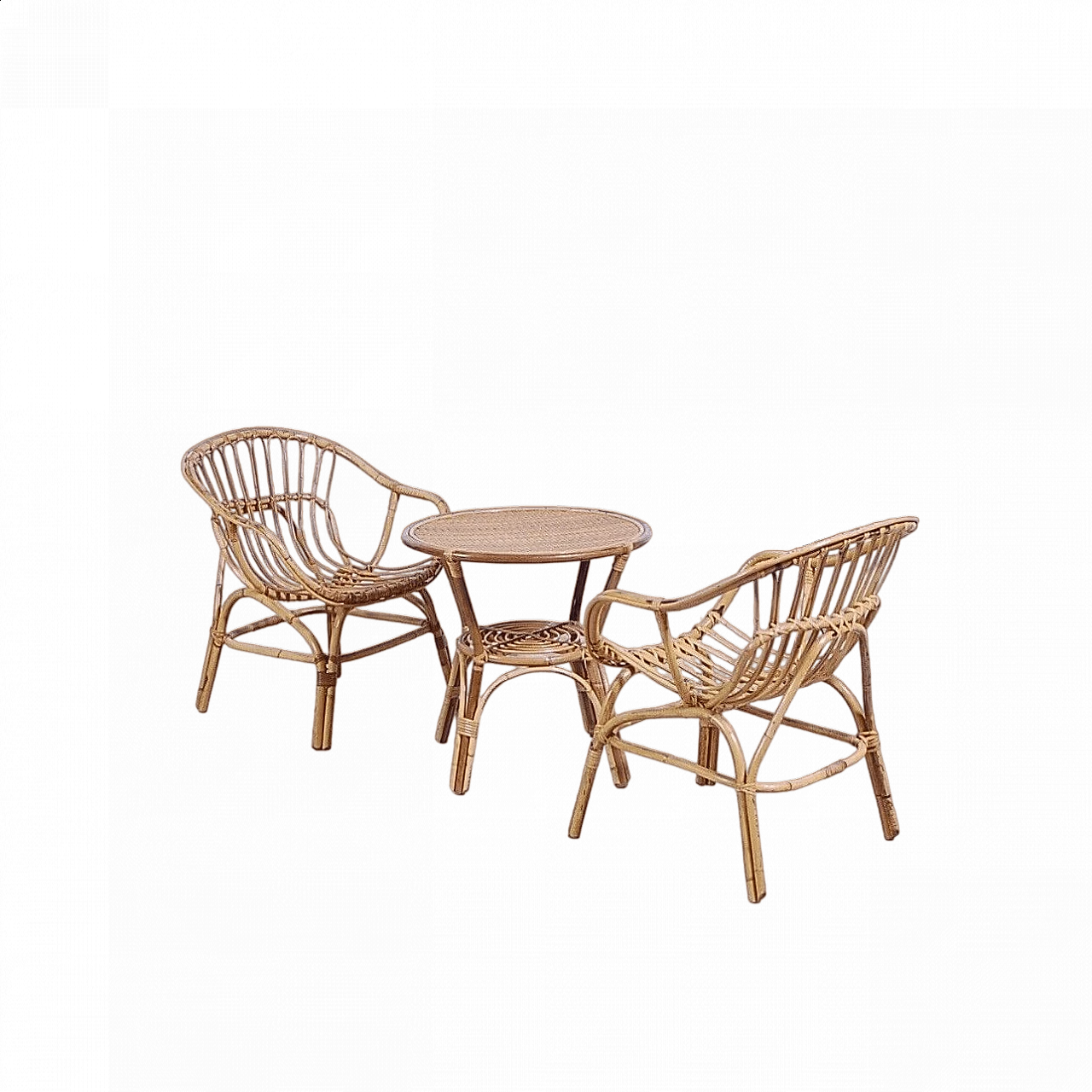 Pair of armchairs and small round table in bamboo and rattan, 1960s 14