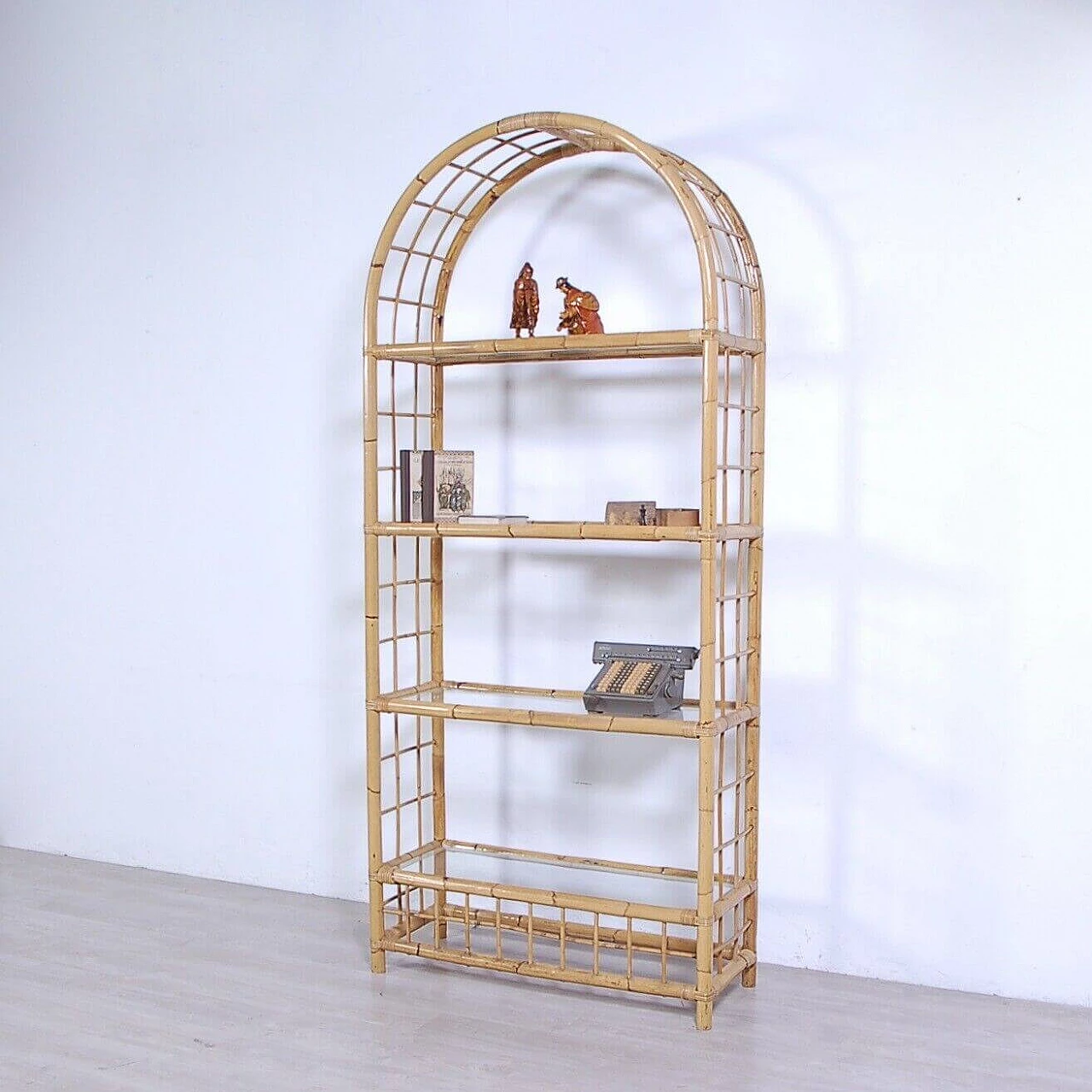 Arched bamboo bookcase with glass shelves, 1970s 1