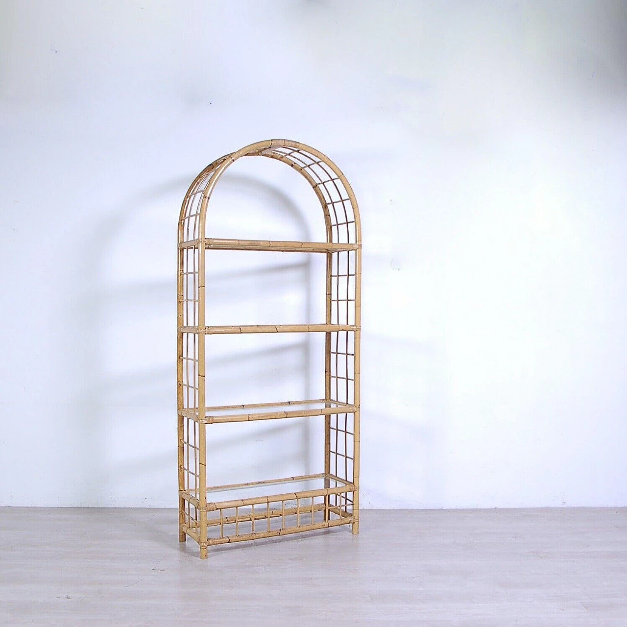 Arched bamboo bookcase with glass shelves, 1970s 2