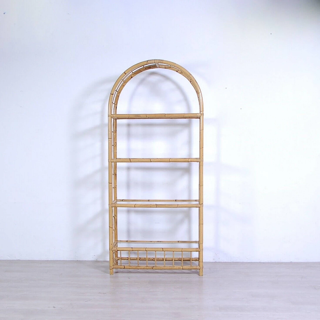 Arched bamboo bookcase with glass shelves, 1970s 3