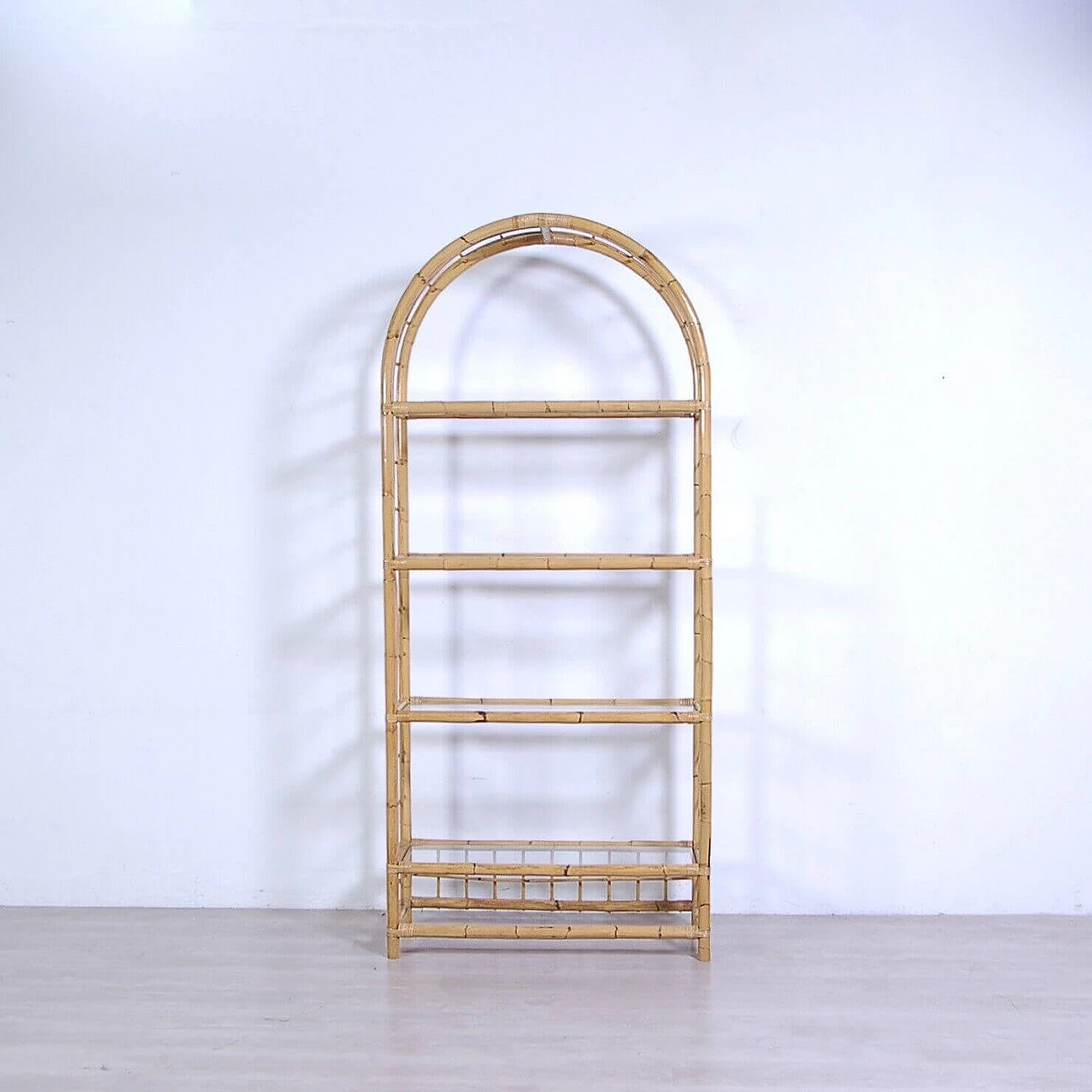 Arched bamboo bookcase with glass shelves, 1970s 6