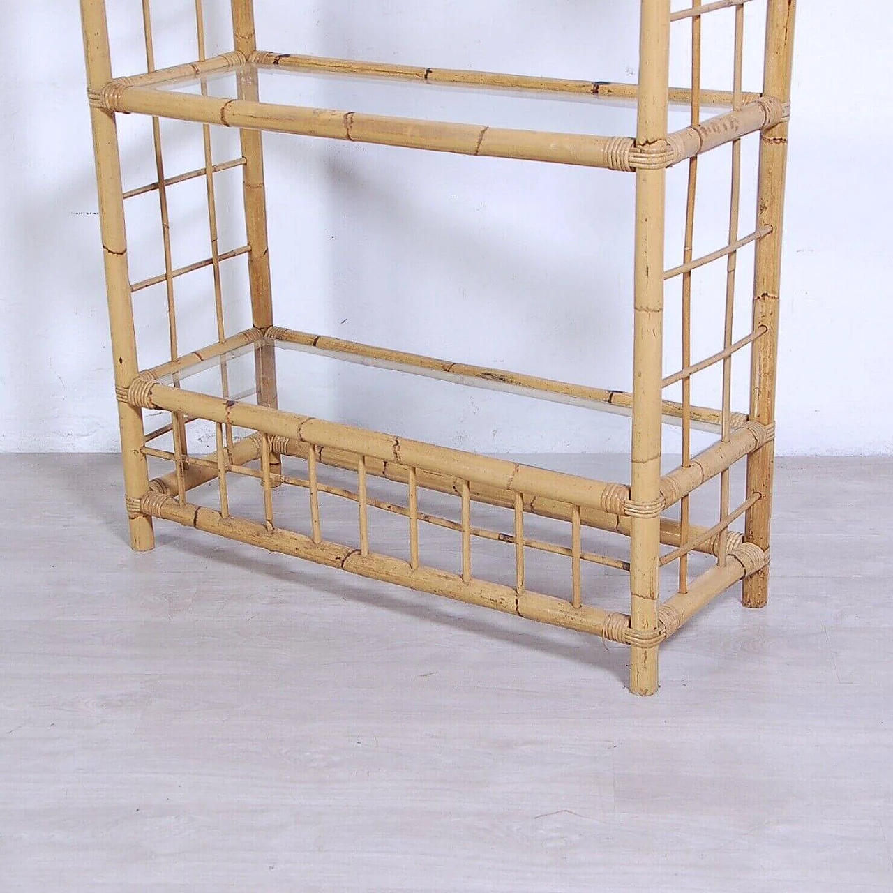 Arched bamboo bookcase with glass shelves, 1970s 10