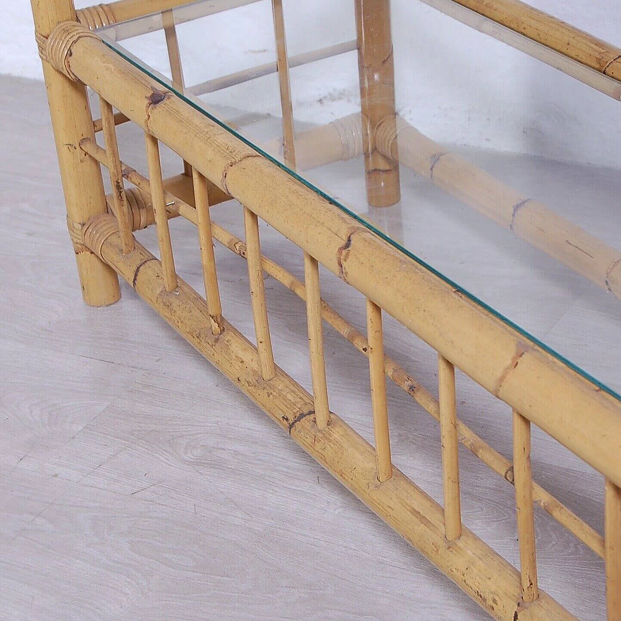 Arched bamboo bookcase with glass shelves, 1970s 11