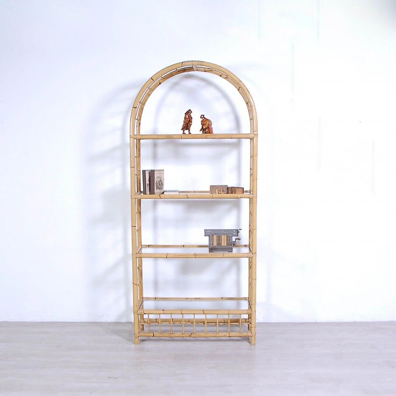 Arched bamboo bookcase with glass shelves, 1970s 13