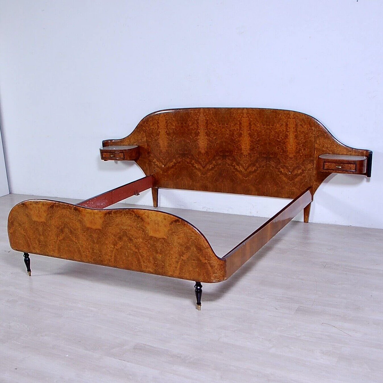 Double bed in briarwood with bedside tables in headboard, 1960s 3