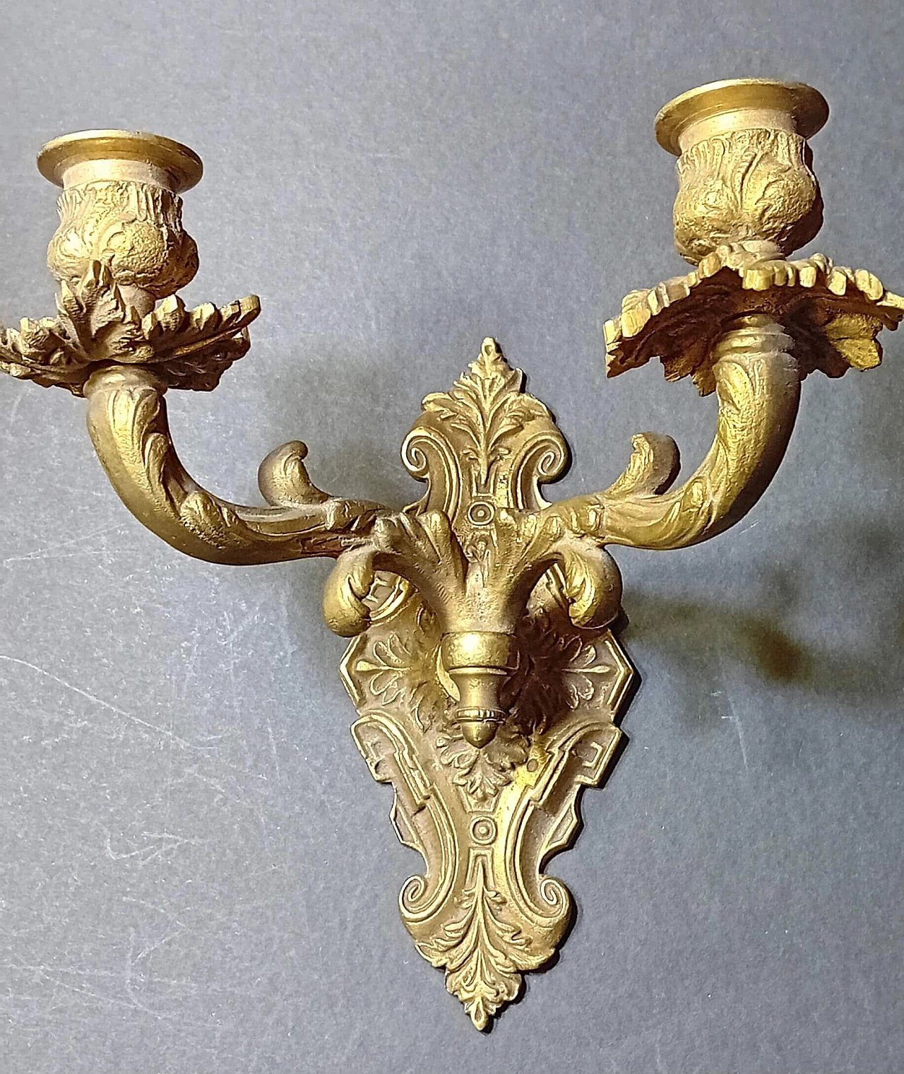 Pair of gilded bronze two-armed wall sconces in Louis XV style, 1920s 2