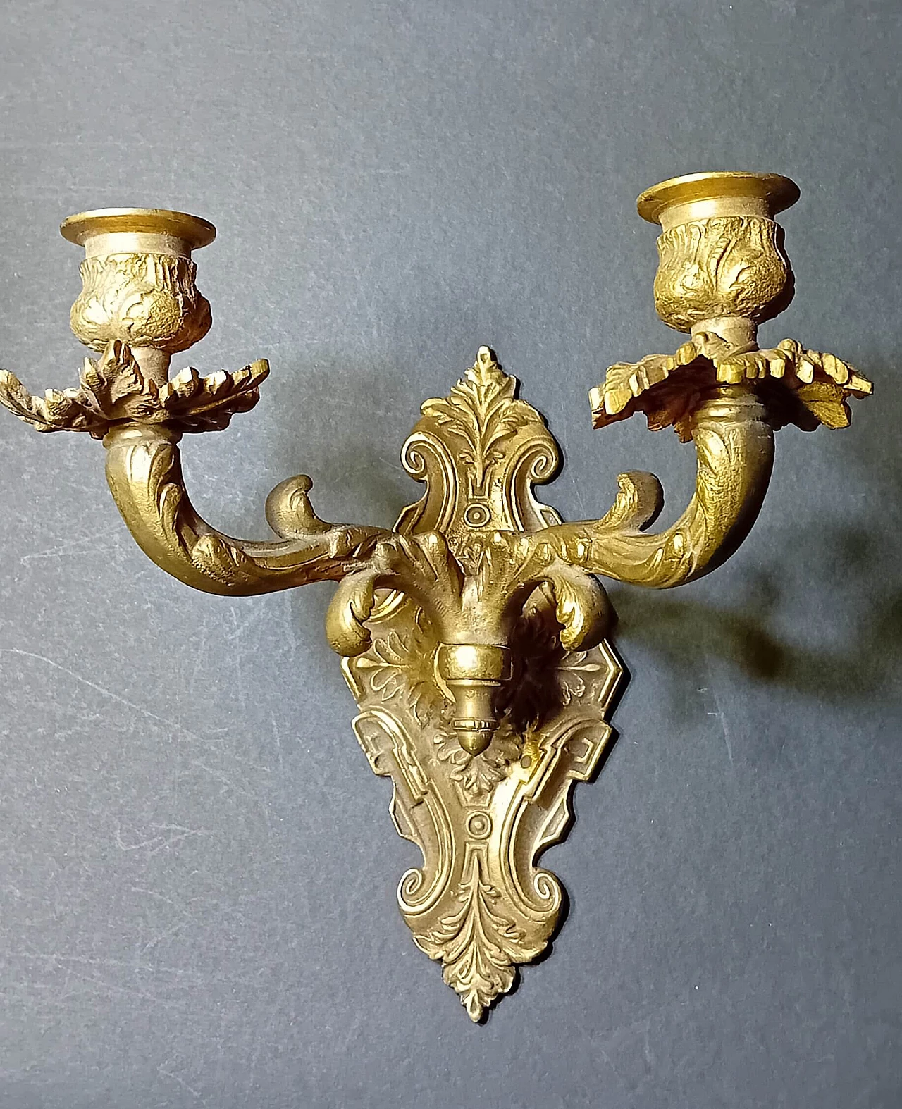 Pair of gilded bronze two-armed wall sconces in Louis XV style, 1920s 3