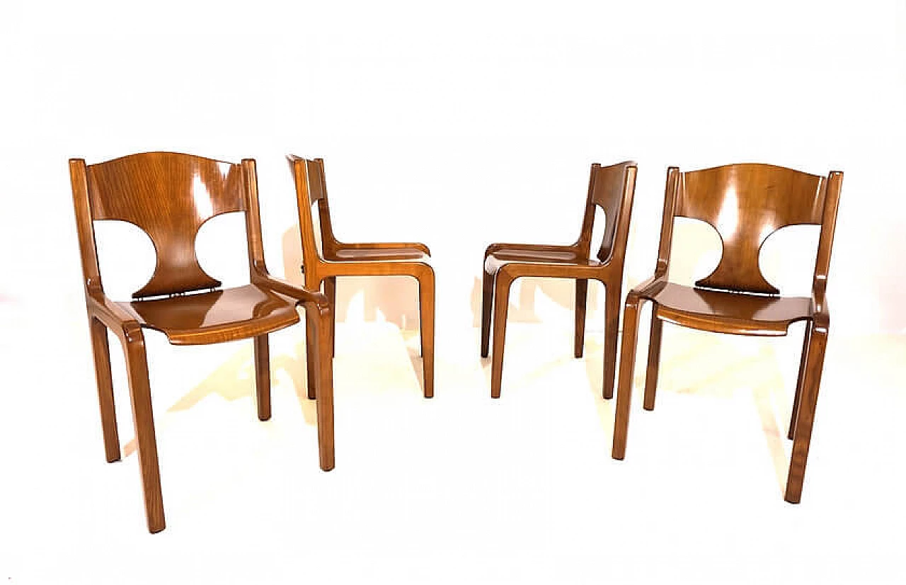 4 Pozzi dining chairs in wood by Augusto Savini, 1970s 9