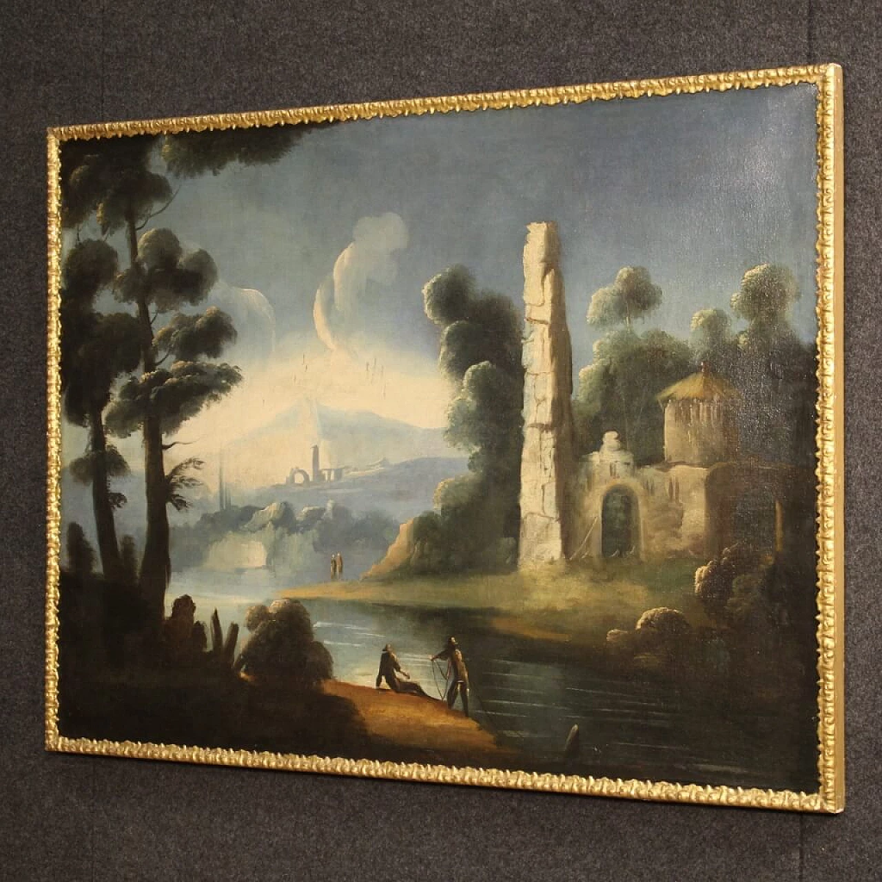 River landscape with ruins, oil painting on canvas, 18th century 1359292