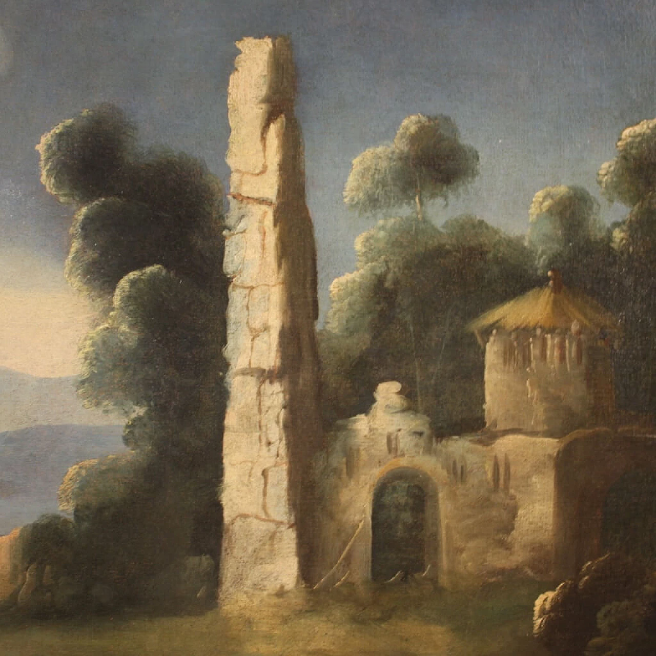 River landscape with ruins, oil painting on canvas, 18th century 1359293