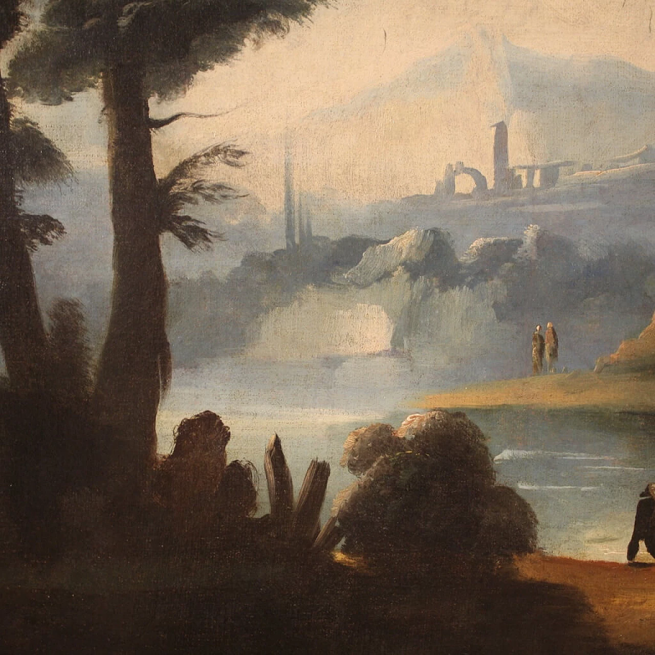 River landscape with ruins, oil painting on canvas, 18th century 1359295