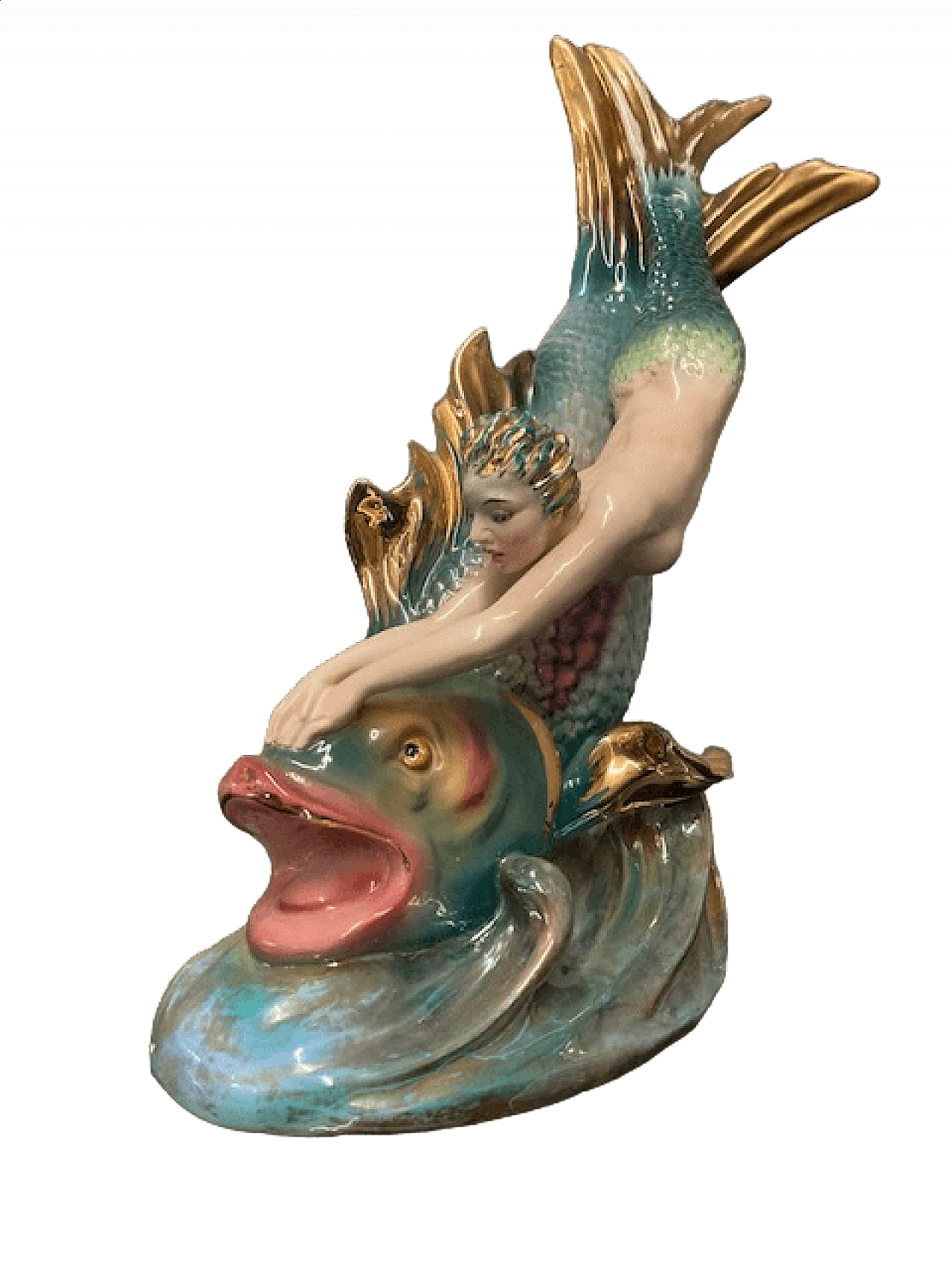 Majolica sculpture of mermaid and fish by Bertolotti - Pannunzio, 1940s 13