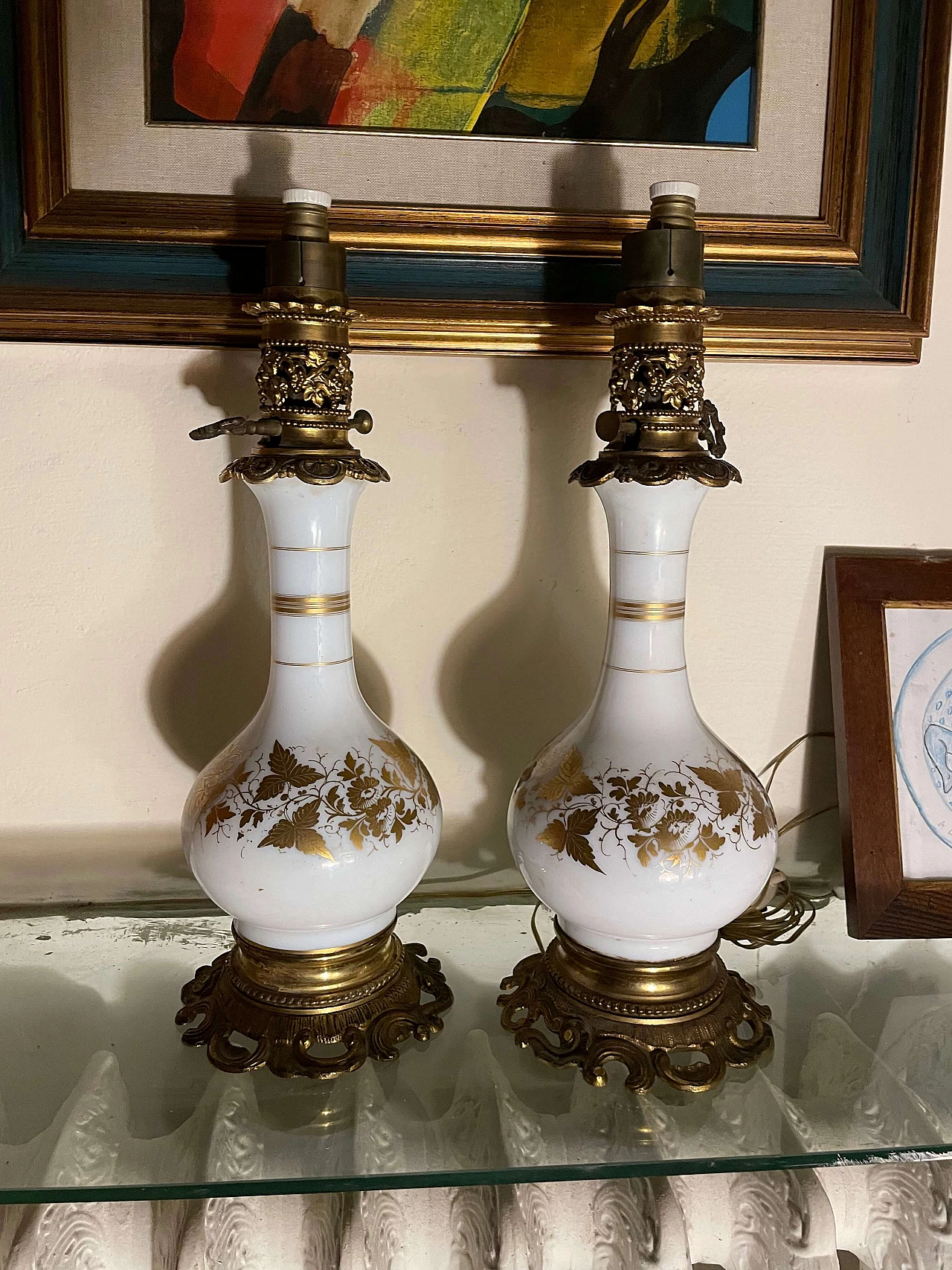 Pair of bronze and white ceramic table lamps, late 19th century 1