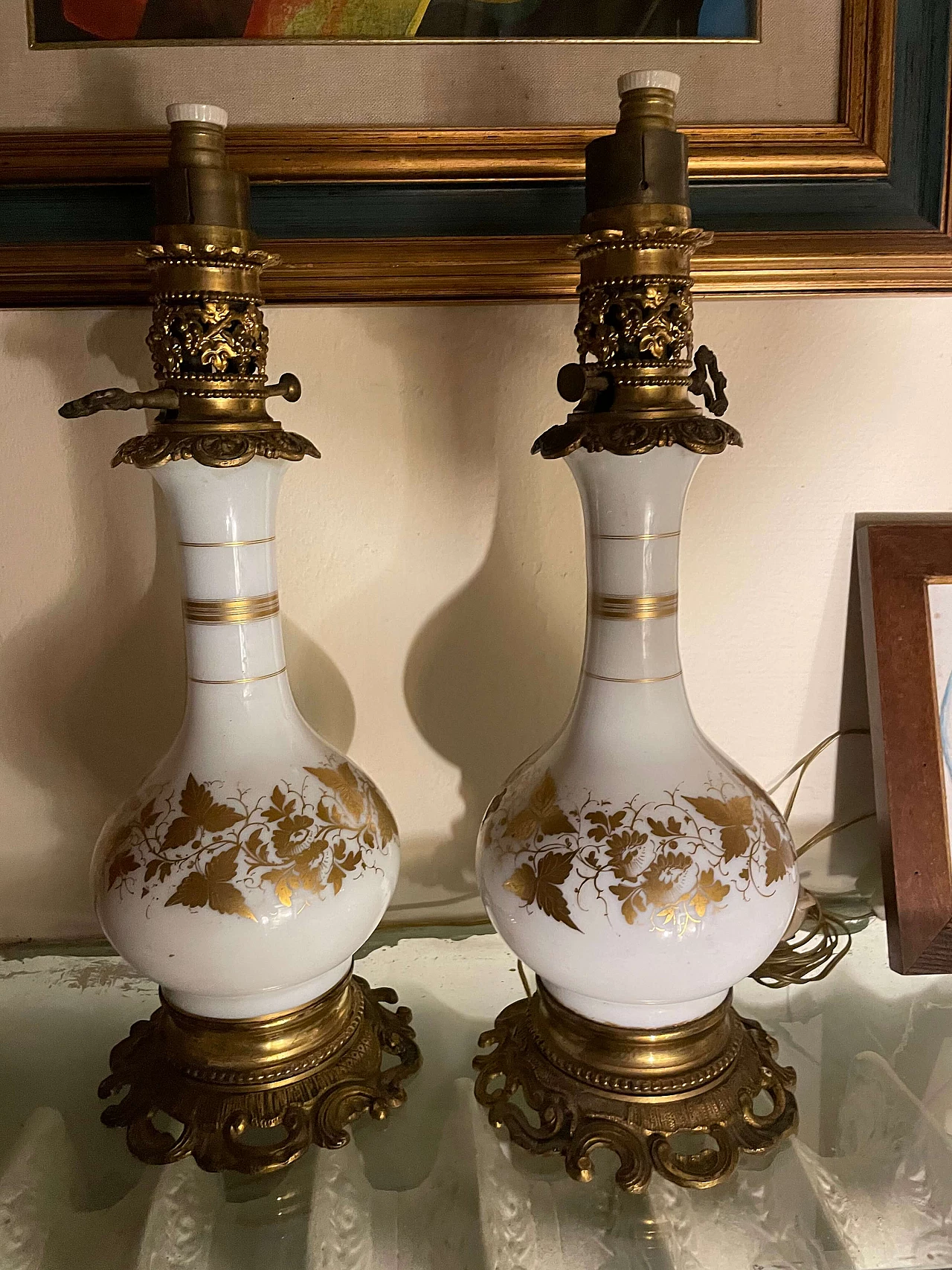 Pair of bronze and white ceramic table lamps, late 19th century 2