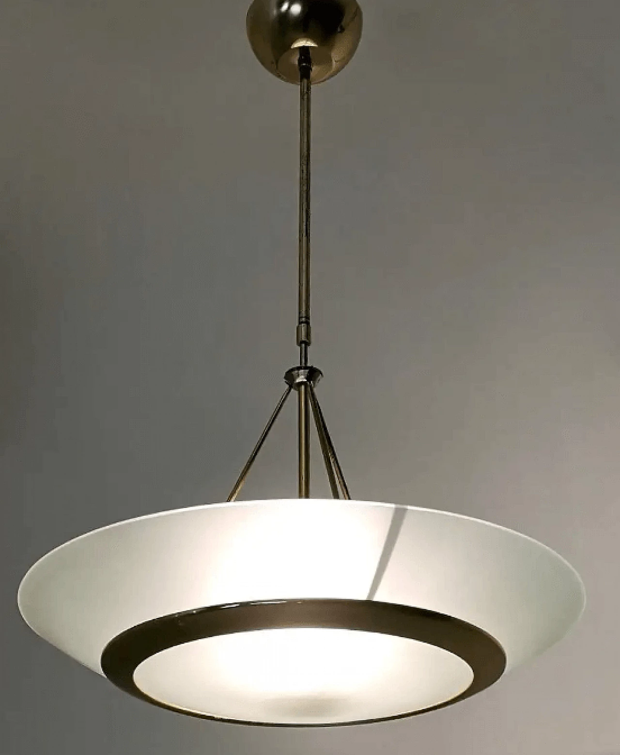 Lampadario a ciotola in ottone e vetro acidato nello stile di Fontana Arte, anni '80 2