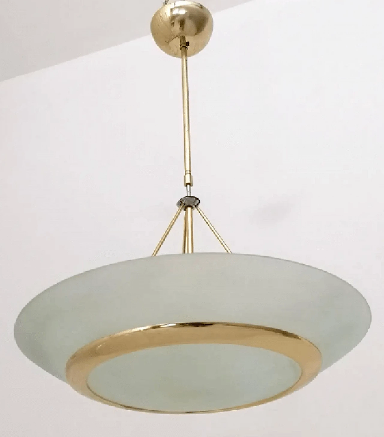 Lampadario a ciotola in ottone e vetro acidato nello stile di Fontana Arte, anni '80 6