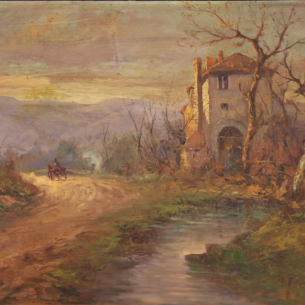 Berto Ferrari, country landscape, oil painting on panel 1