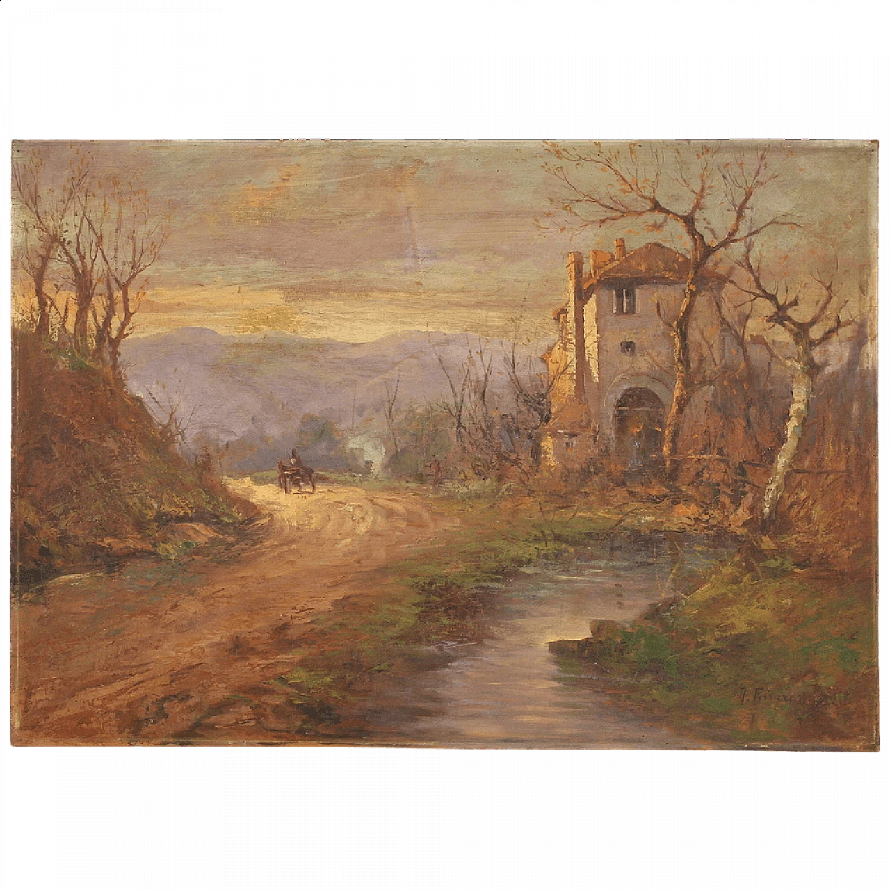 Berto Ferrari, country landscape, oil painting on panel 16