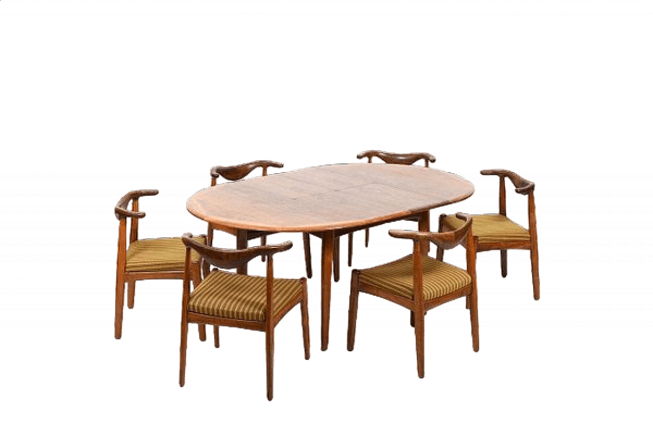 6 Cow-horn chairs and extending table by Svend Aage Madsen for K.Knudsen, 1960s 19