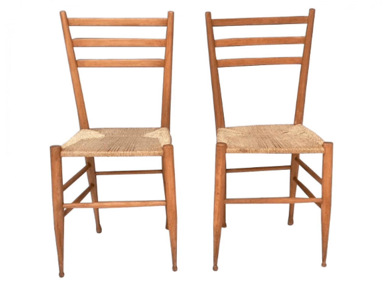 Pair of Chiavarine chairs in beech and wicker, 1950s 1