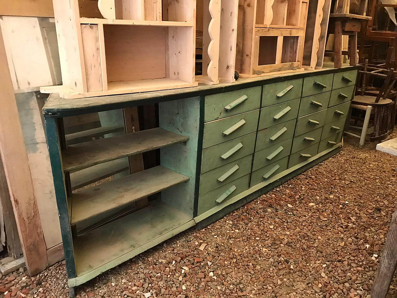 Wooden counter with drawers and open compartment, 1950s 3