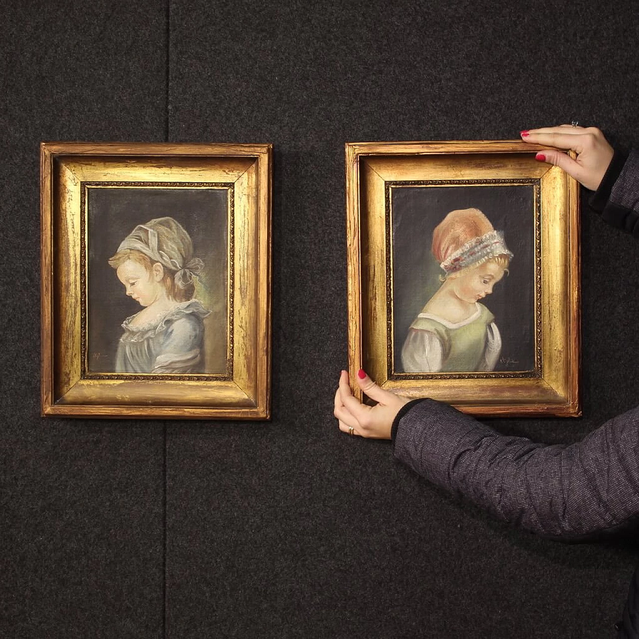 Pair of portraits of little girls, oil on canvas, 1950s 2