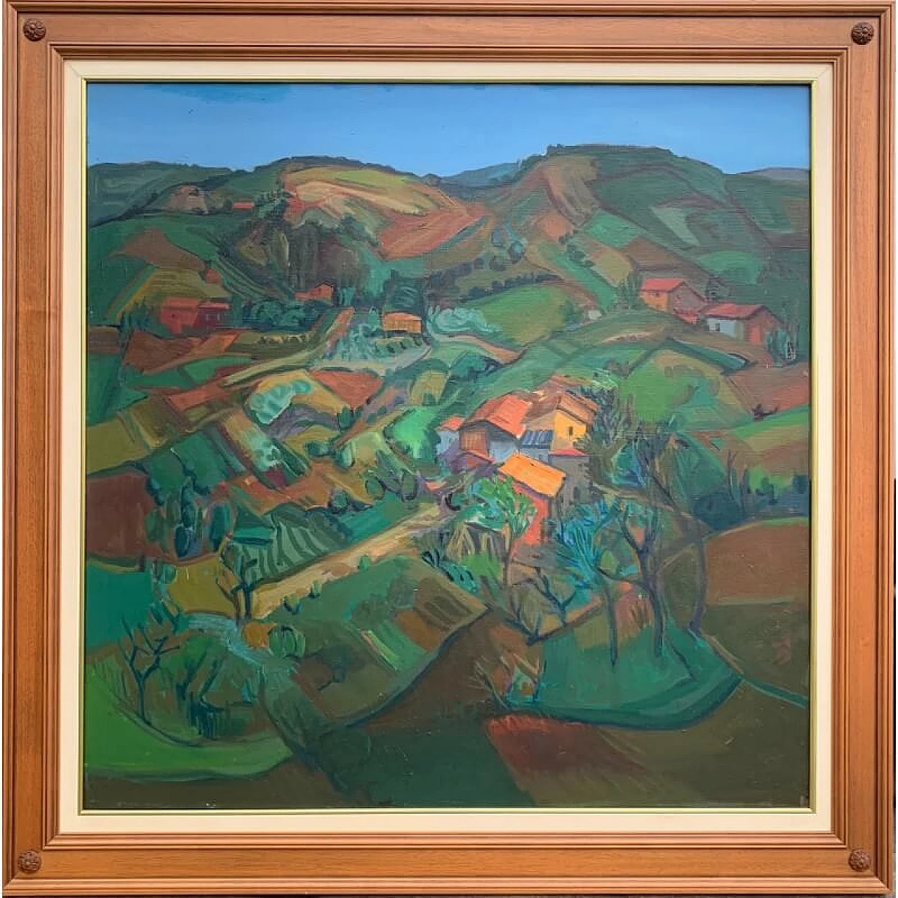 Vincenzo Balsamo, landscape with hills and houses, oil painting on canvas, 1968 3