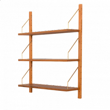 Danish modular teak wall bookcase with three shelves in the Cadovius style, 1960s