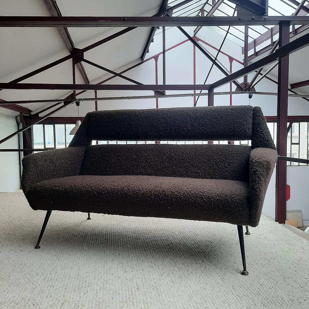 Brown bouclé fabric sofa in the style of Marco Zanuso, 1950s 1