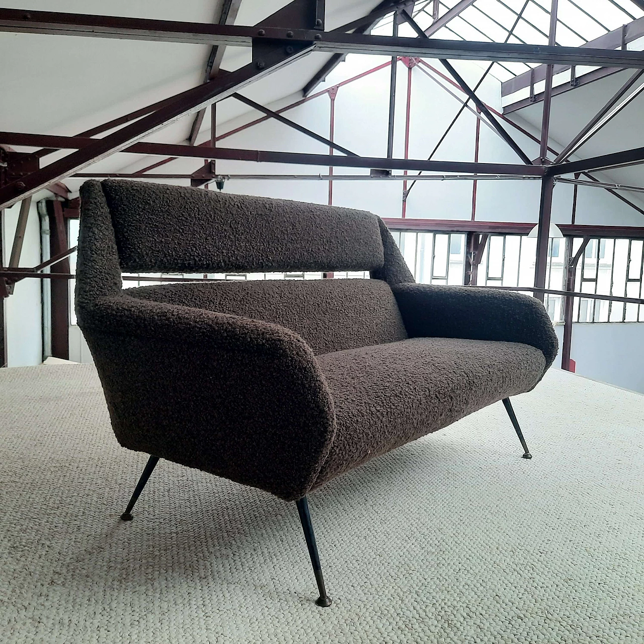 Brown bouclé fabric sofa in the style of Marco Zanuso, 1950s 2