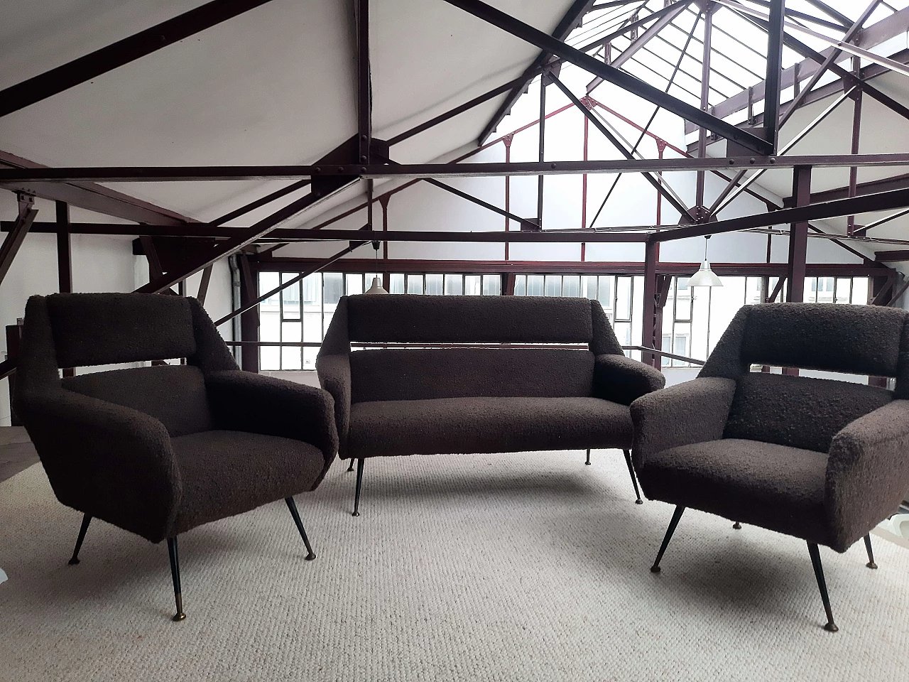 Brown bouclé fabric sofa in the style of Marco Zanuso, 1950s 8