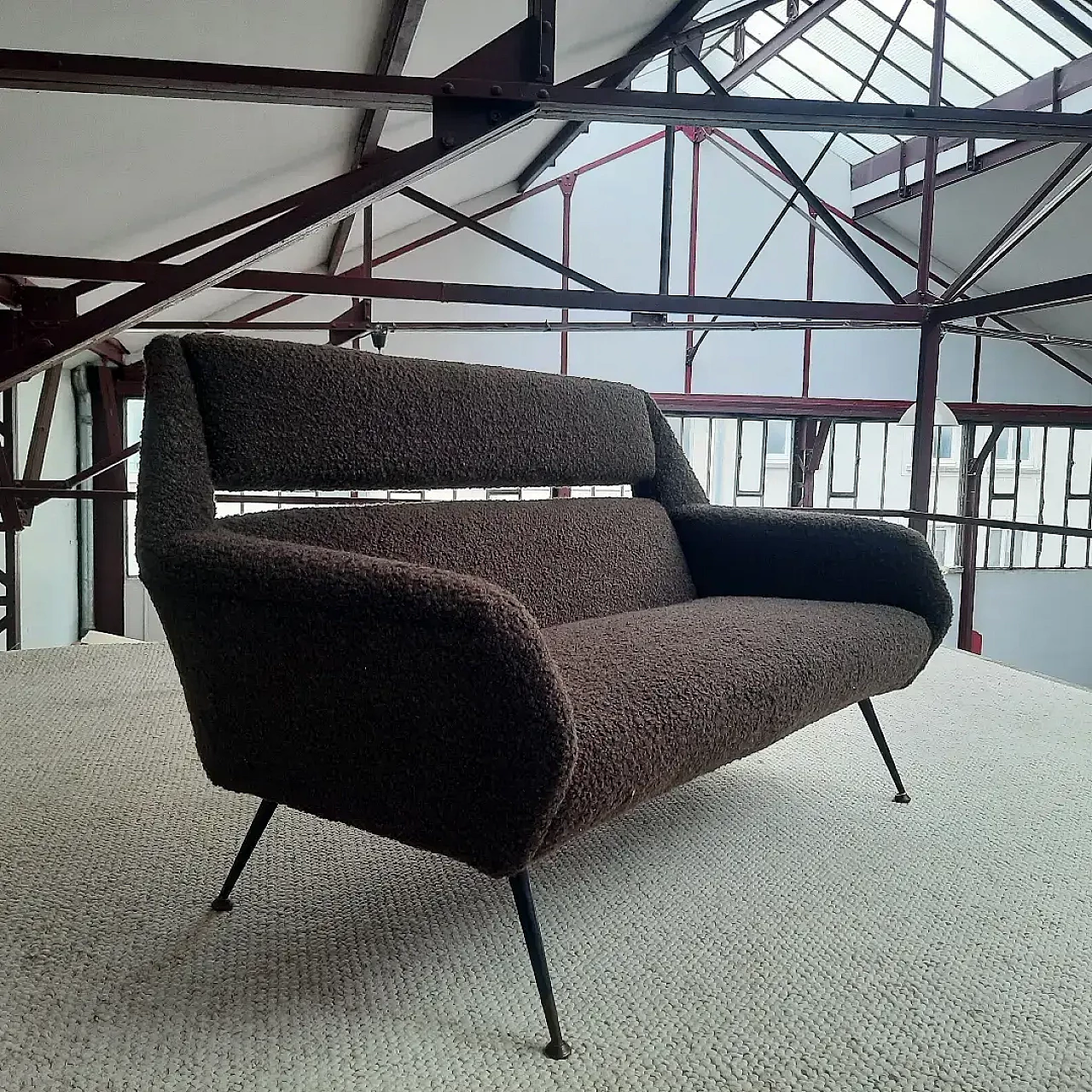 Brown bouclé fabric sofa in the style of Marco Zanuso, 1950s 9