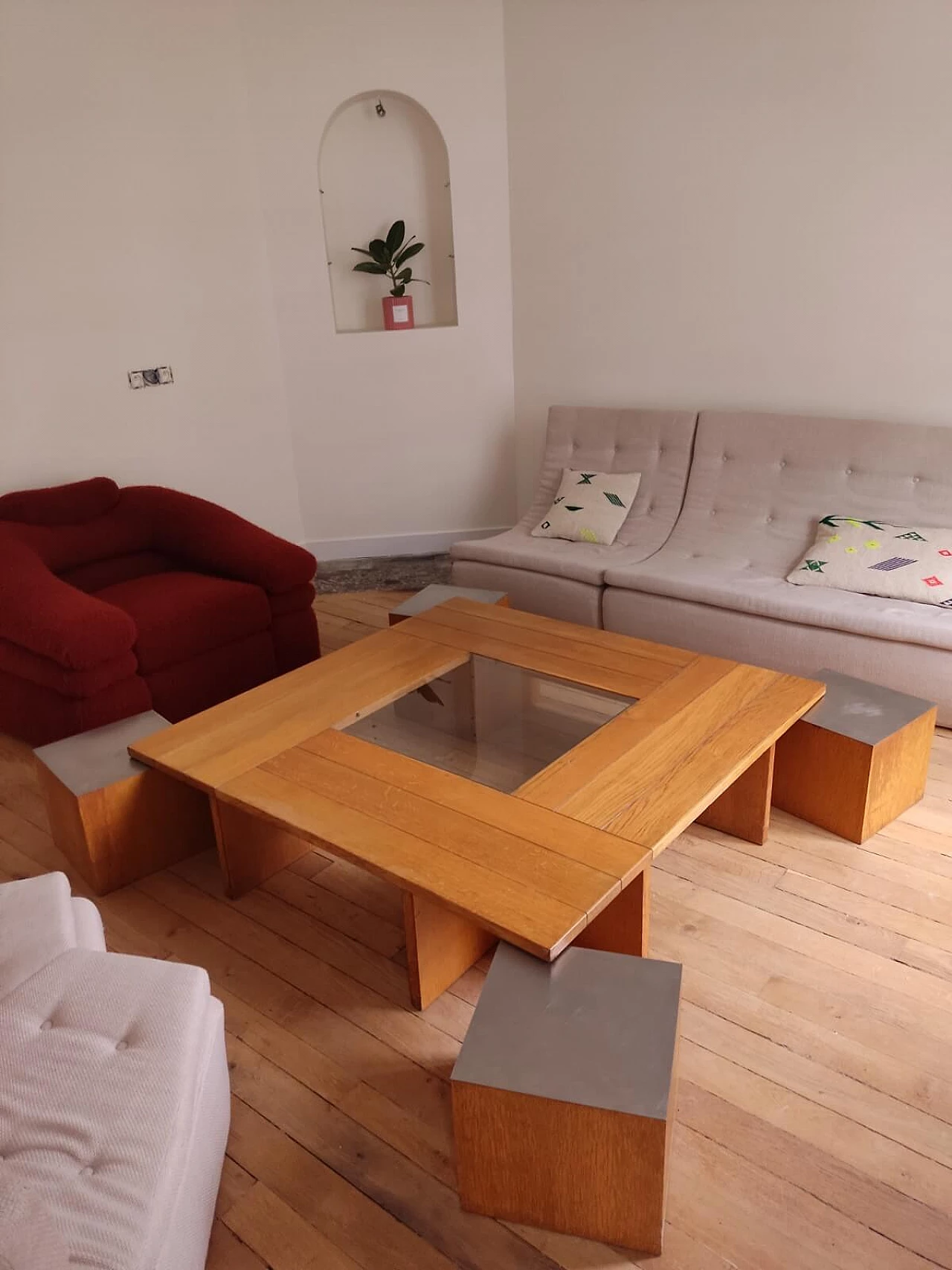 Wood, steel and glass coffee table with four stools by Tecno, 1970s 1